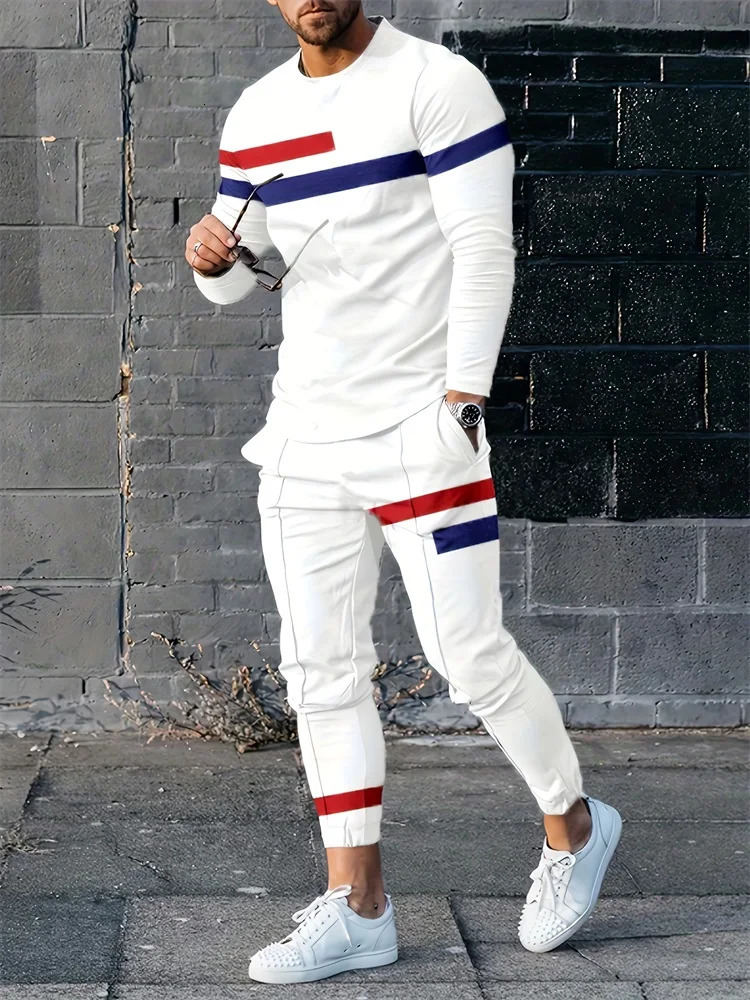 Spring and summer mens long sleeved pants set red and blue striped printed mens set daily fashion mens long sleeved T-shirt 250321