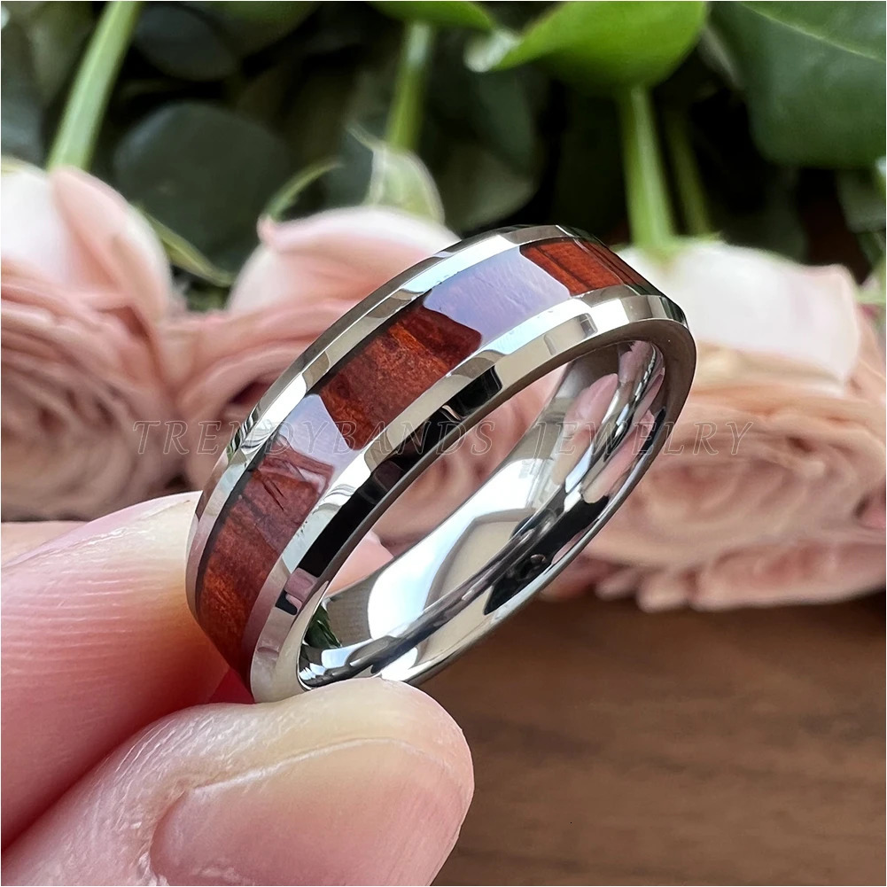 6mm Koa Wood Inlay Tungsten Carbide Ring for Women Men Fashion Engagement Wedding Band Beveled Comfort Fit 250319
