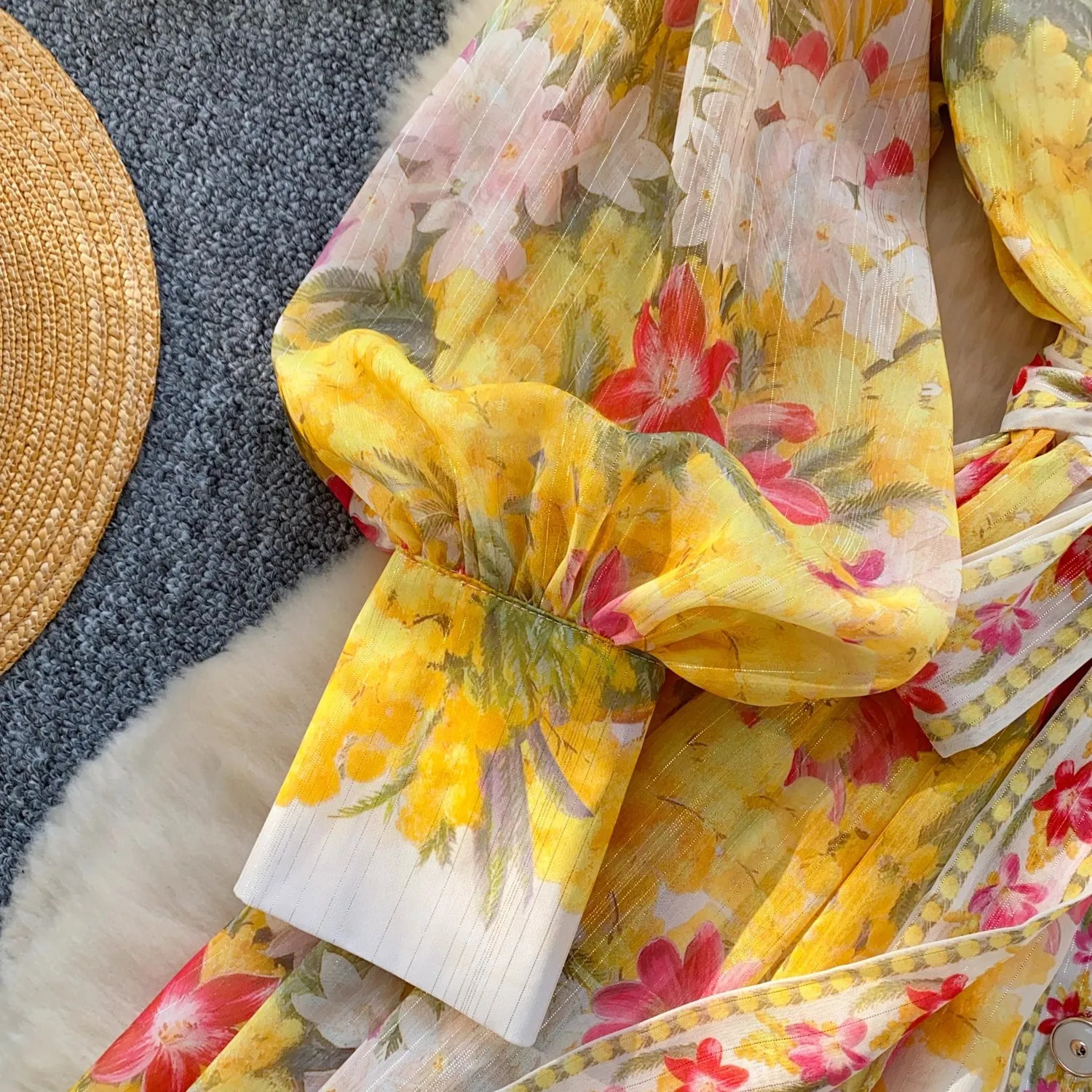 Summer Runway Gorgeous Flower Bright Slik Chiffon Dress Women Stand Long Lantern Sleeve Floral Print Lace Up Boho Robe Vestidos 250322