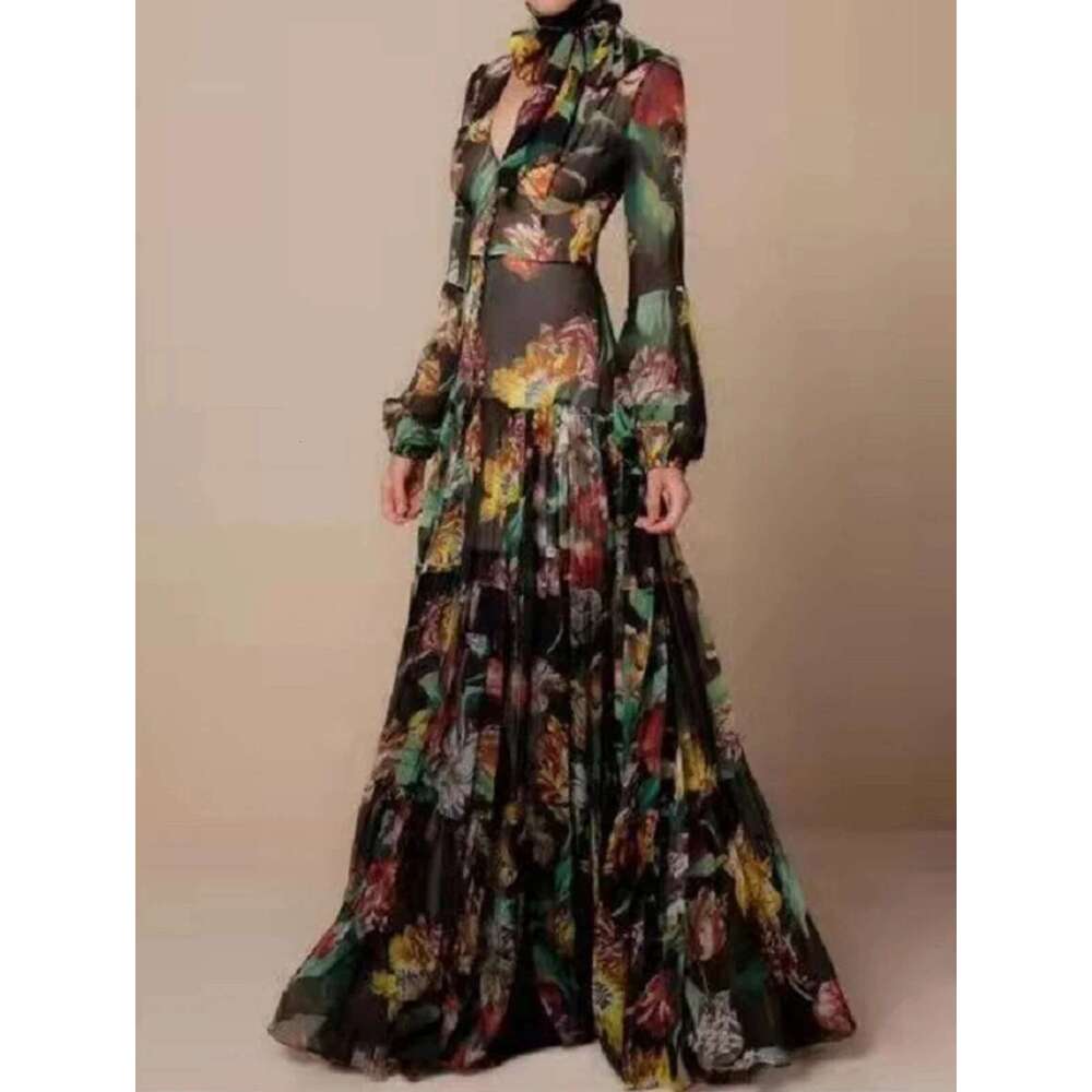 Women's Lantern Retro Long Sleeve Ral Printing Slim Stand Collar Elegant Shirring Vintage Button Spring Dress