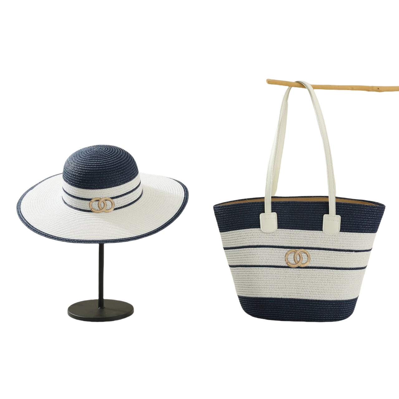 Luxury Beach Accessories Set: Designer Straw Hat & Woven Tote Bag with Brand Lettering, Pearl Brooch Women's Summer Fashion Essentials
