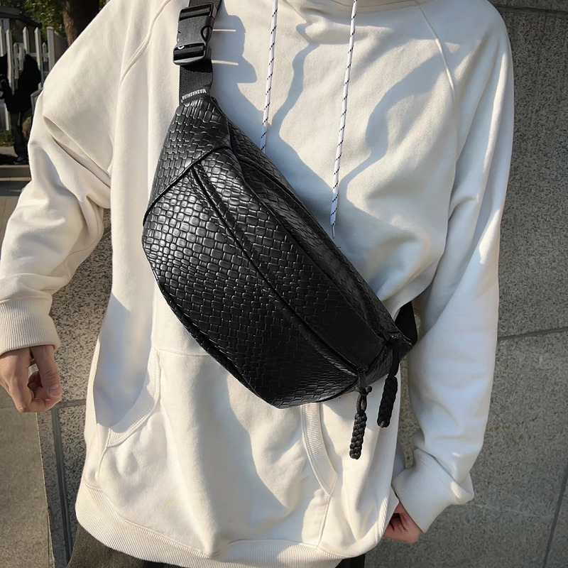 Mens waist bag large capacity leather Fanny bag unisex woven pattern chest bag fashionable shoulder cross body bag high-quality waist belt bag 250318