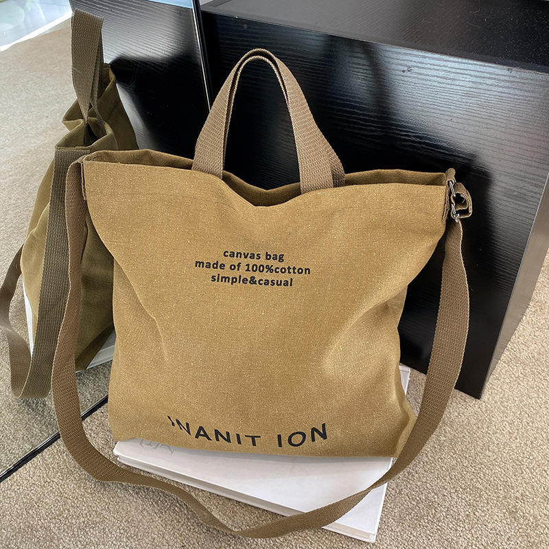 Crossbody brown canvas bag Washed canvas thickened tote bag Large capacity Fashion student bag neutral 2025