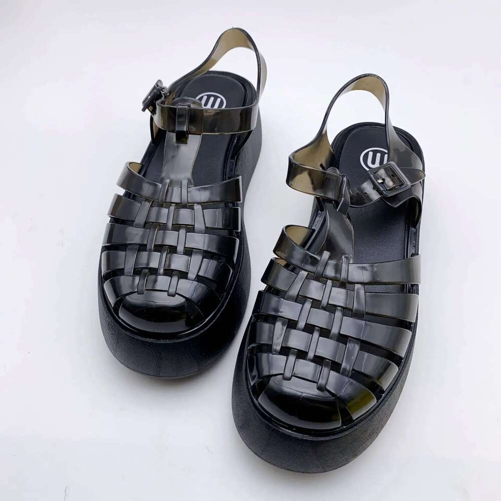 Fashionable PVC Thick-Heeled Women's with Hollowed-Out Breathable Platform Jelly Falt Soles Solid Colors Sandals