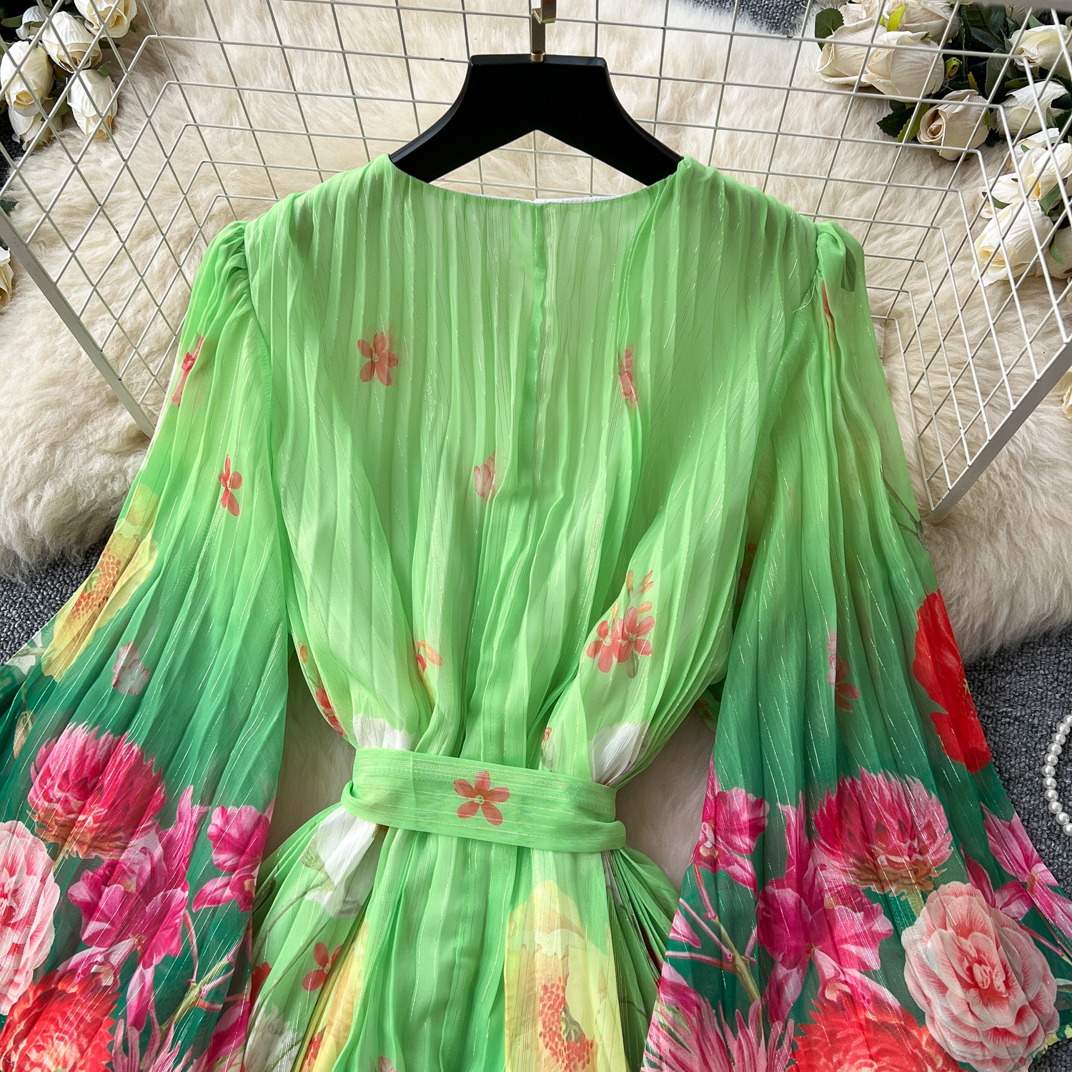 Basic Casual Dresses Summer A Line 2025 Bohemain Gorgeous Flower Bandage Lace Up Bright Silk Chiffon Dress Women Holiday V-Neck Flare Sleeve Loose Rob