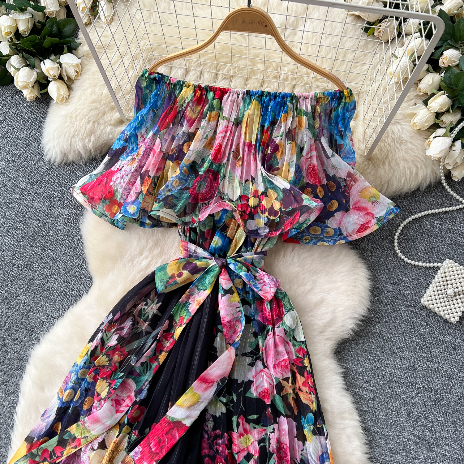 Basic Casual Dresses Spring Summer Off Shoulder Gorgeous Flower Holiday Dress Women's Slash Neck Ruffles Batwing Sleeve Print Casual A-Line Beach