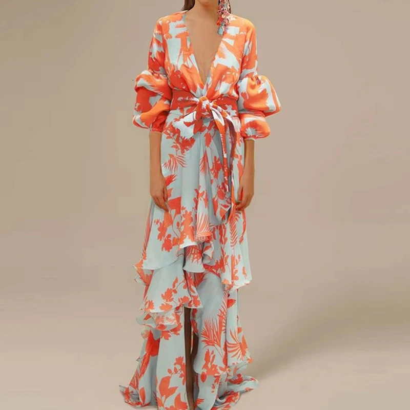 Women Retro Print Ruffle Party Dress Elegant Deep V-neck Lantern Sleeve Long Dress Fashion Tie-up Waist Irregular Bohemian Dress 250322