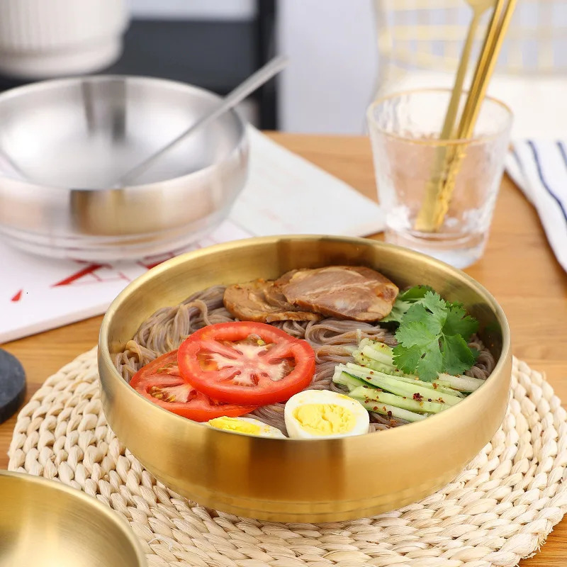 304 Stainless Steel Double Layer Cold Noodle Bowl Gold Silver Korean Style Anti-scald Large Salad Soup Bowls Kitchen Utensils 250314