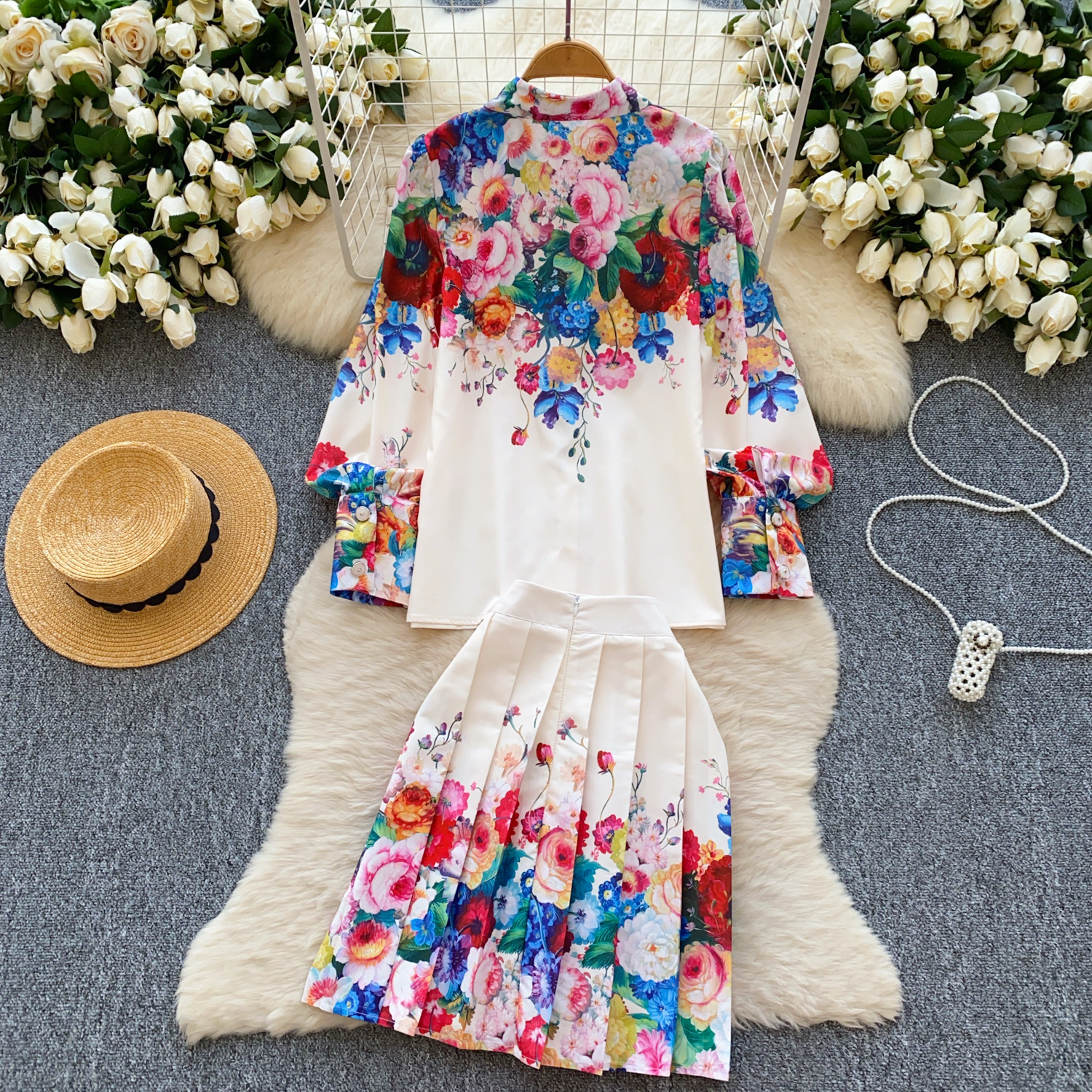 Two Piece Dress Floral Vintage 2 Piece Sets 2025 Women Clothing Long Lantern Sleeve Blouses High Waist Pleated Skirt Suit Chic Summer Outfits