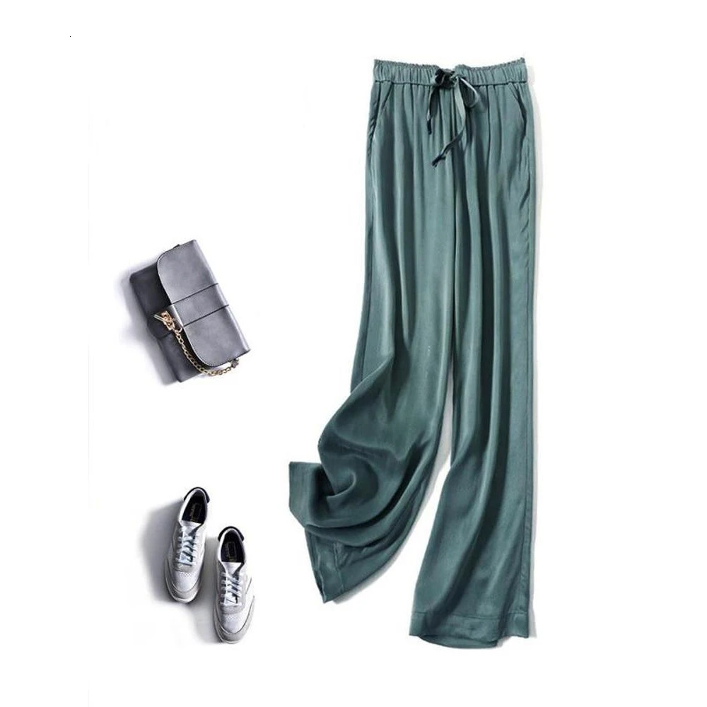 Acetic Acid Ice Silk Wide Leg Pants 2024 Summer Thin Satin Casual Pants Womens High Waisted Straight Leg Pants Long Trouser 250317