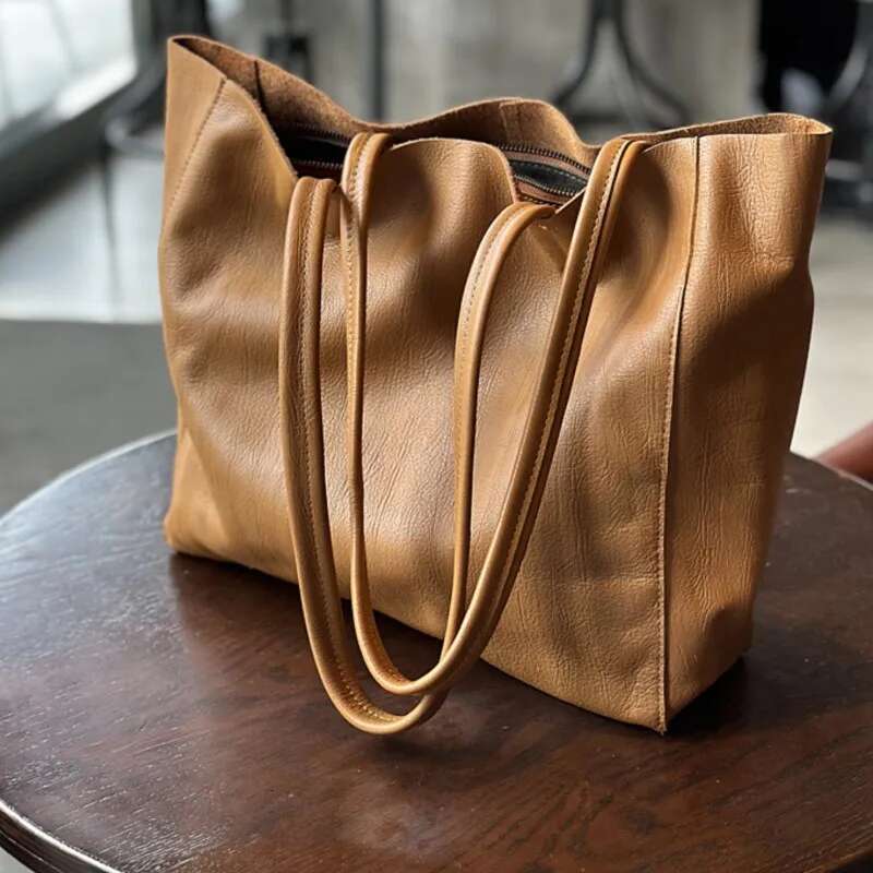 Johnature 2025 New Autumn Winter Large Shopping Genuine Leather Casual Simple Solid Color Lightweight Women Tote Bag