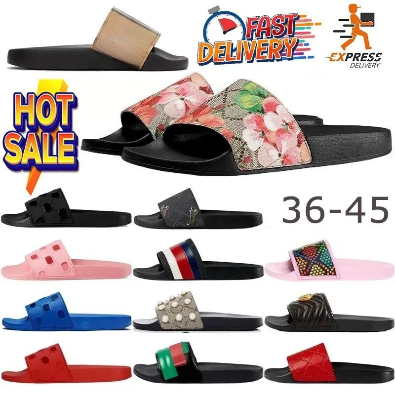 Sandals Famous Designer Women Men Slippers Rubber Slides Sandal Black Floral Canvas Blue Flowers Slide Strawberry Print Stripe Slide Beach Flats 36-45