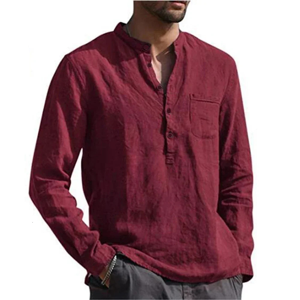 Cotton Linen Mens Long-Sleeved Shirts Summer Solid Color Stand-Up Collar Casual Beach Style Plus Size 250409