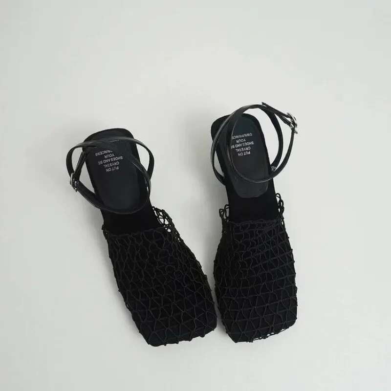 Summer Designer Women's Lace Mesh Square Toe Shallow Narrow Strap Braided Slip-on High Heels Sandals