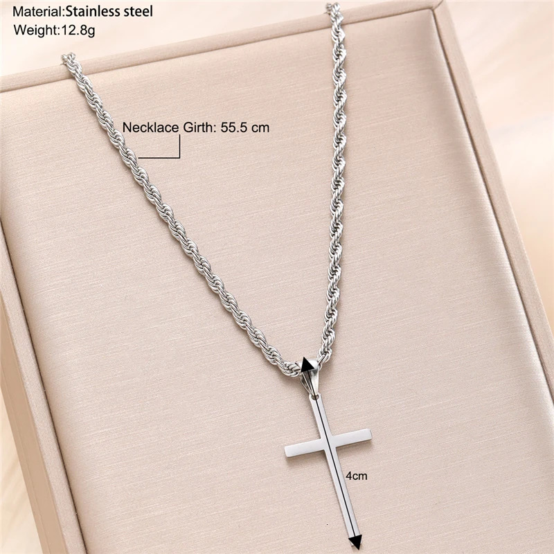 Stainless Steel Cross Pendant Necklace for Men Boys 18K Gold Plated Silver Simple Twisted Chain Fashionable Jewelry Beach Party 250313