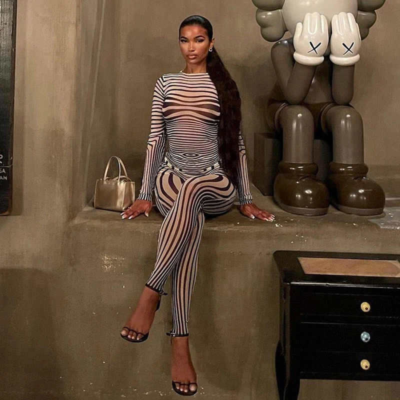 Sexy Hipster Long Sleeve O-Neck Female Streetwear Outfits Mesh Striped Two Piece Set Women Sheath Body-Shaping High Street 250322