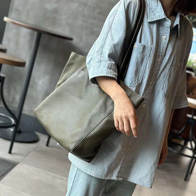 Johnature 2025 New Autumn Winter Large Shopping Genuine Leather Casual Simple Solid Color Lightweight Women Tote Bag