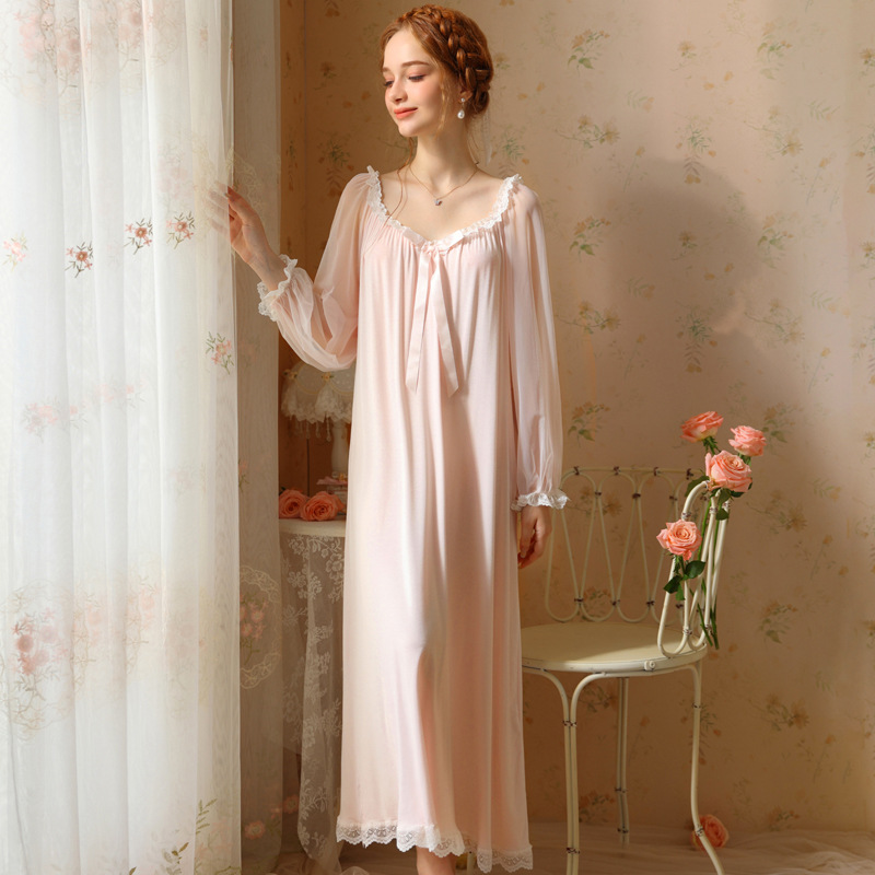 X203 Spring and Autumn Long Sleeve French Lace Home High-end Sexy Pajamas Sweet Girl Long Dress