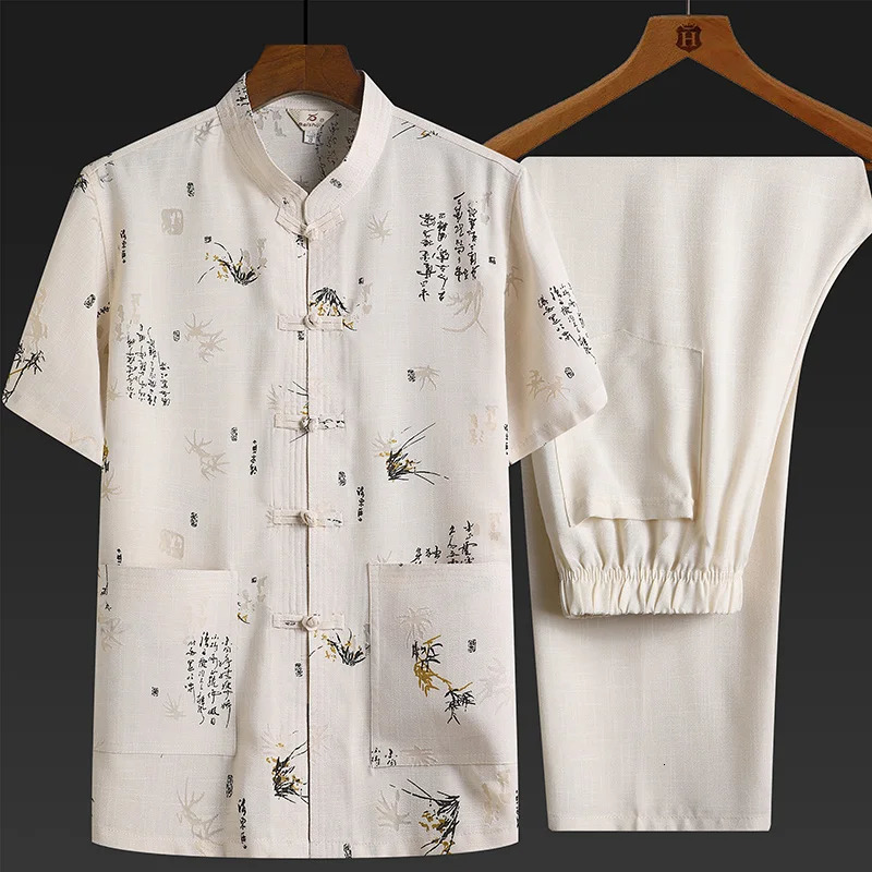 Cotton Fried Dough Twists Tang suit shirtpants Chinese style elderly cotton Fried Dough Twists Tang suit grandfather linen loose household suit 250318