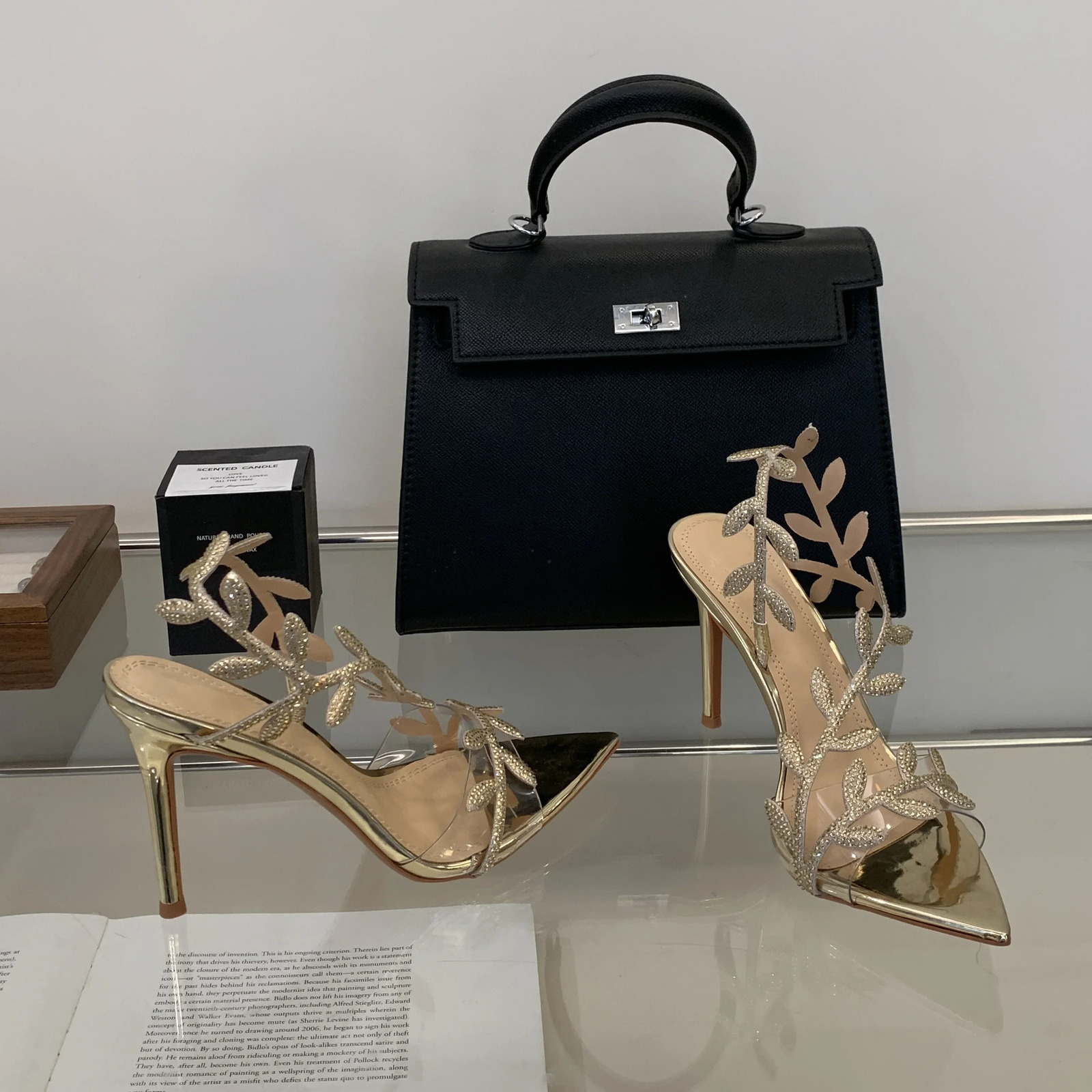 2025 Summer Womens Pumps Sexy Pointed Toe Rhinestone Leaves PVC Ankle Strap High Heel Sandals Party Dress Wedding Shoes 250328