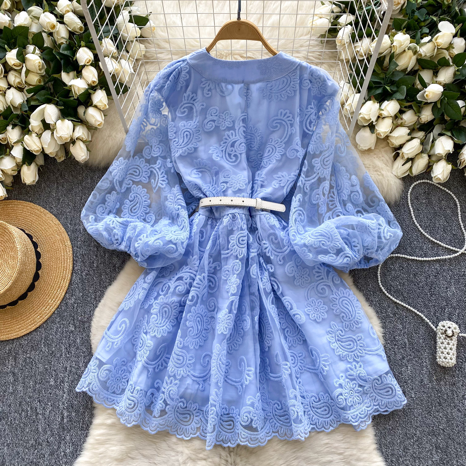 Casual Dresses French Sweet V Neck Lantern Sleeve Mini Dress Summer Women Embroidery Flower Mesh Patchwork Belt Casual Beach A-Line Party Robes 2025