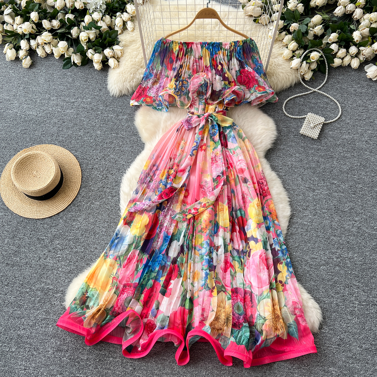 Basic Casual Dresses Spring Summer Off Shoulder Gorgeous Flower Holiday Dress Women's Slash Neck Ruffles Batwing Sleeve Print Casual A-Line Beach