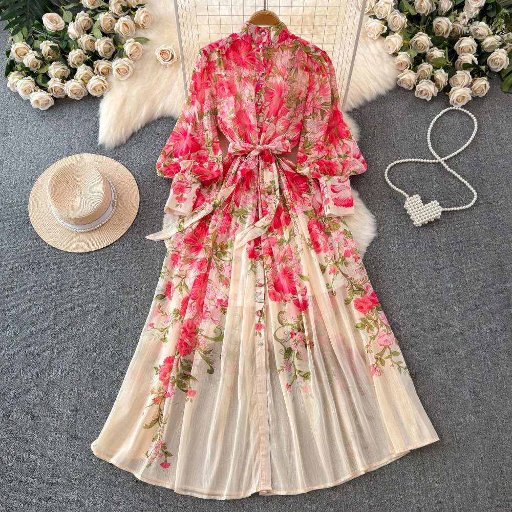 Neploe Sweet Print Lace Up French Style Femme Robe Stand Collar Lantern Sleeve Slim Fit Mujer Chiffon Ruched High Waist Dresses 250322