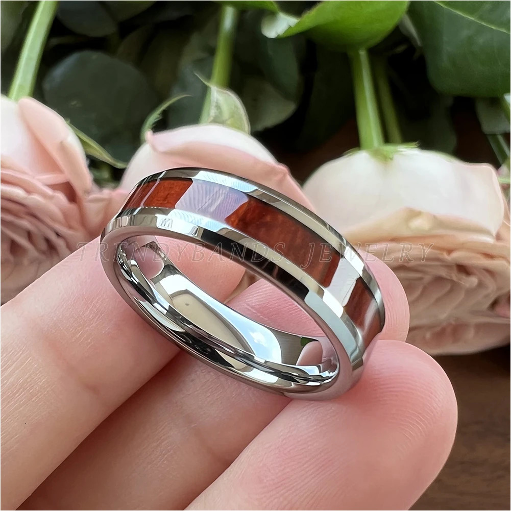 6mm Koa Wood Inlay Tungsten Carbide Ring for Women Men Fashion Engagement Wedding Band Beveled Comfort Fit 250319