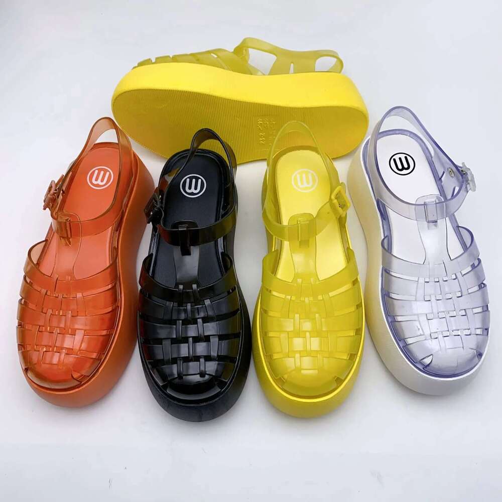 Fashionable PVC Thick-Heeled Women's with Hollowed-Out Breathable Platform Jelly Falt Soles Solid Colors Sandals
