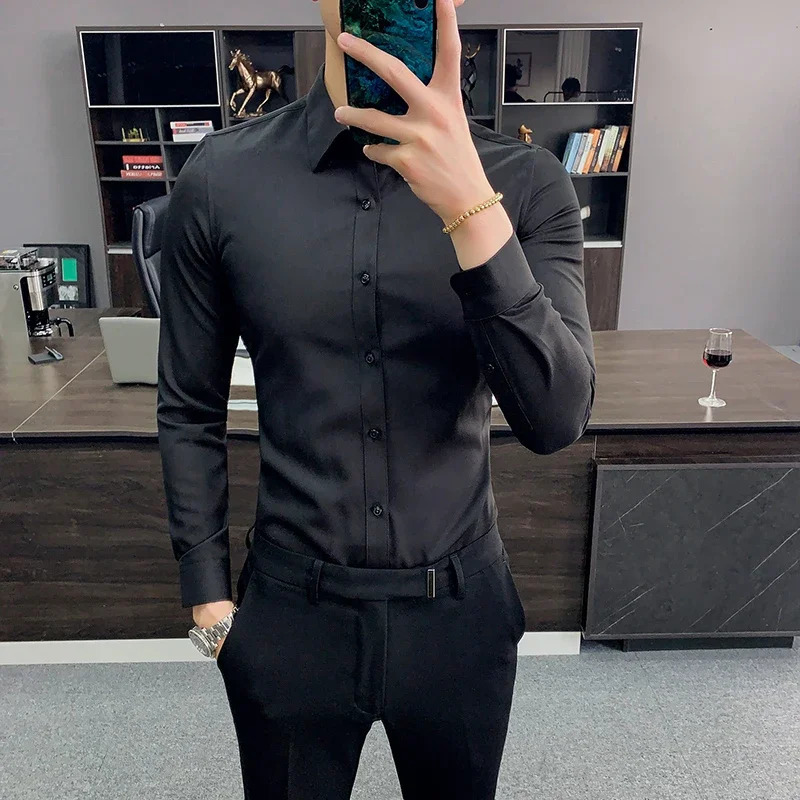 Plus Size 7XL-S Long Sleeve Shirt For Men Formal Business Solid Slim Fit Shirts High Quality Homme Social Casual Shirt 250321