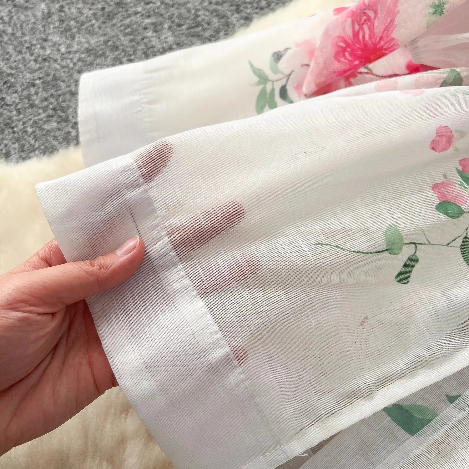 Spring Holiday Gorgeous Flower Organza Dress Women Lantern Long Sleeve Beaded Button Floral Print Belt Lace Up Boho Vestido 250322