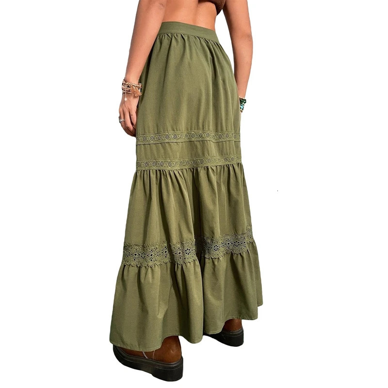 90s Vintage Green Pleated Skirts Korean Fashion Holiday Boho High Waist Long Skirts Retro Y2K Fairycore Cute Lace Trim Clothes 250322