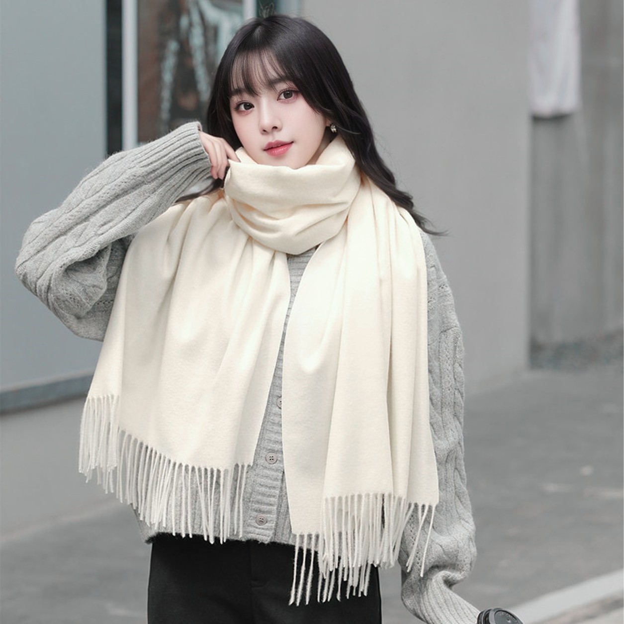 K206 Solid color scarf fashionable and versatile custom printed logo embroidery annual meeting party gift warm shawl tassel