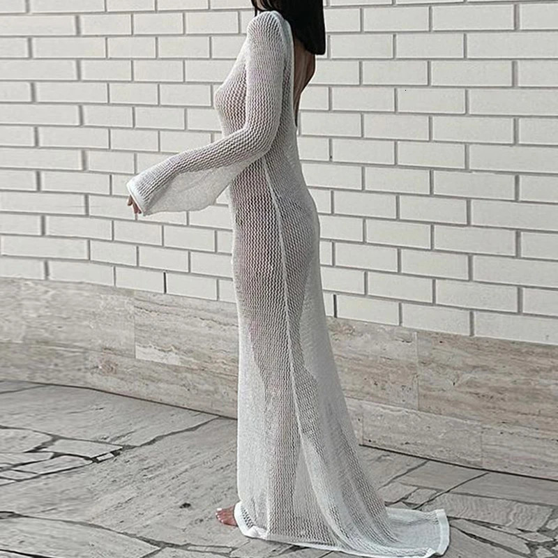 Style Knitted Backless Long Sleeve Dress Ladies Beach Holiday Bikini Cover Up See-Through Beachwear Sunscreen Long Dress 250322