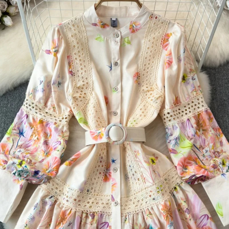 Spring Autumn Lantern Sleeve Women Dresses Lace Floral Korean Fashion Retro Vestidos Mujer Stand Collar Mini Dress