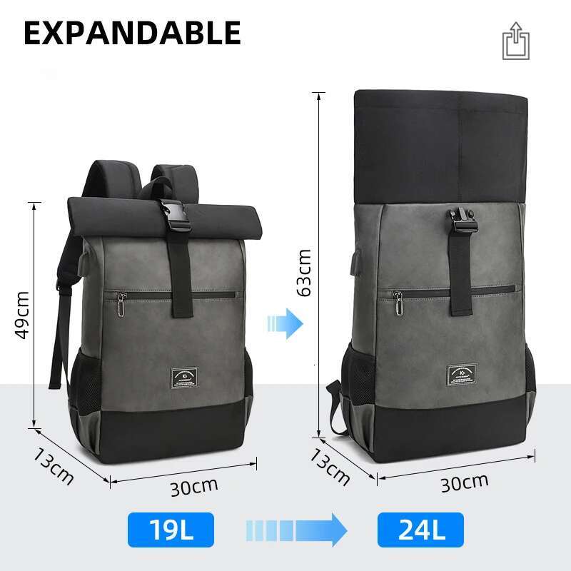 2025S Fashion Designer Waterproof Usb Computer Backpacks Bags Lightweight PU Leather Roll Top Rucksack For Women Men