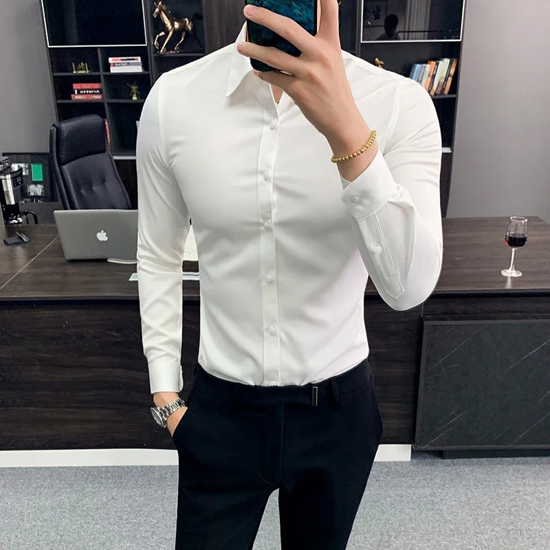 Plus Size 7XL-S Long Sleeve Shirt For Men Formal Business Solid Slim Fit Shirts High Quality Homme Social Casual Shirt 250321