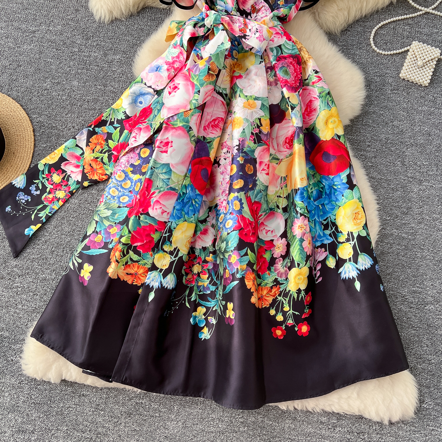 Casual Dresses Summer Summer Bohemian Gorgeous Flower Long Dress Women V-Neck Layer Mesh Sleeve Floral Print Bandage Lace Up Robe Vestidos Clothes 202