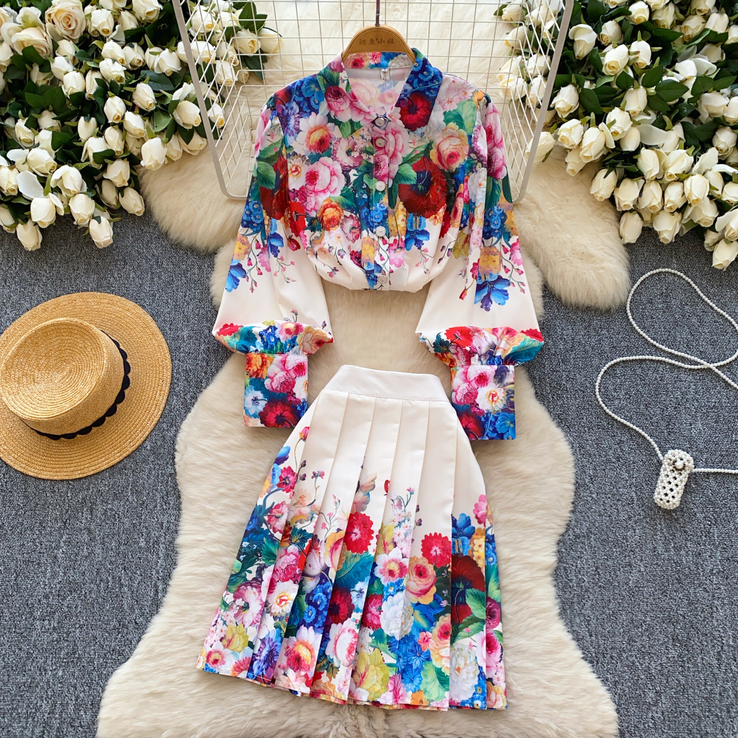 Two Piece Dress Floral Vintage 2 Piece Sets 2025 Women Clothing Long Lantern Sleeve Blouses High Waist Pleated Skirt Suit Chic Summer Outfits