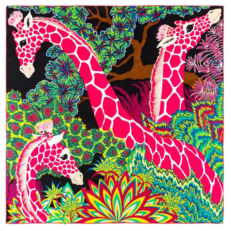 POBING Twill Silk Scarf Women Three Giraffes Square Scarves Manual Hand Rolled Echarpes Foulards Femme Wrap Bandana Hijab 90CM 250321