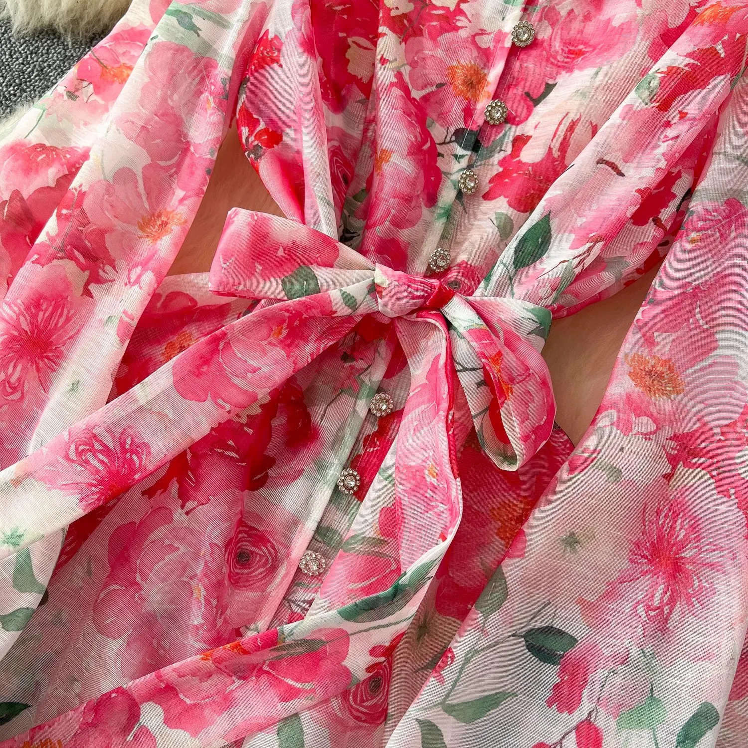 Spring Holiday Gorgeous Flower Organza Dress Women Lantern Long Sleeve Beaded Button Floral Print Belt Lace Up Boho Vestido 250322