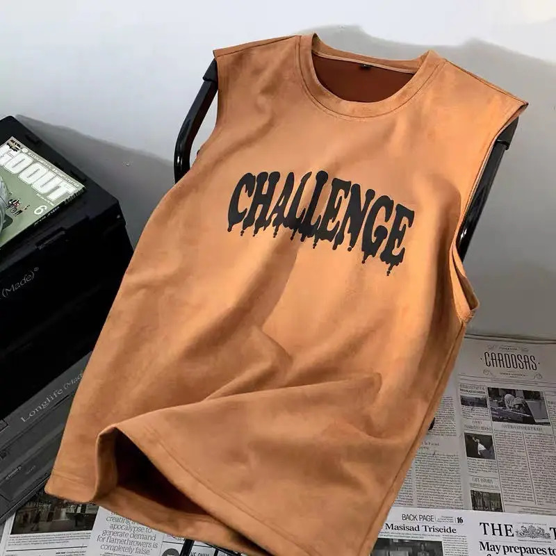 Suede Heavy Vest Mens Summer Retro Sleeveless T-shirt Loose All Games Sports Student Trends Y2K Top Mens Clothing 250318