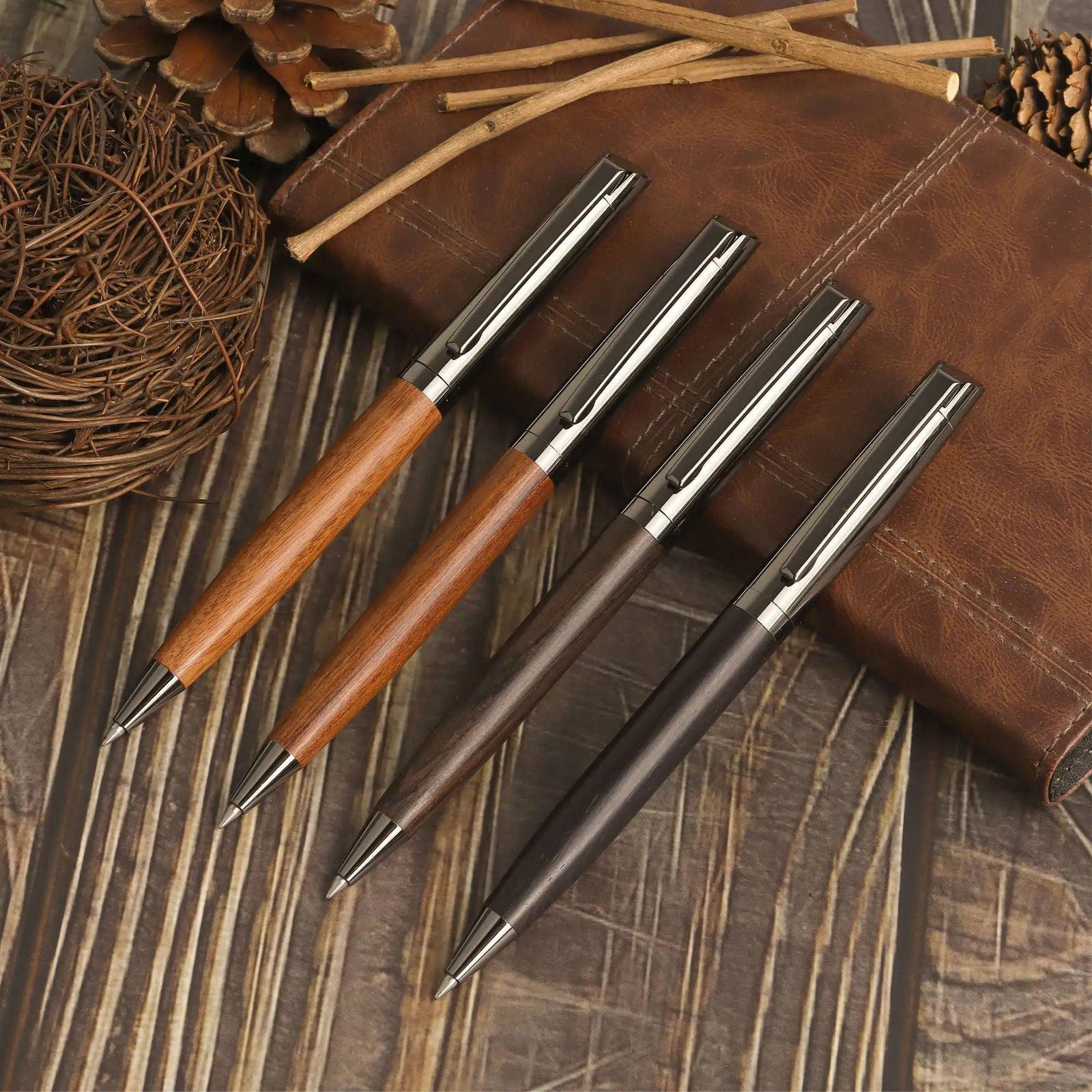 1 Set Premium Metal Ballpoint Pen with Wood Barrel for Smooth Writing Experience and High-End -Black Ink-Office-With Case 250322