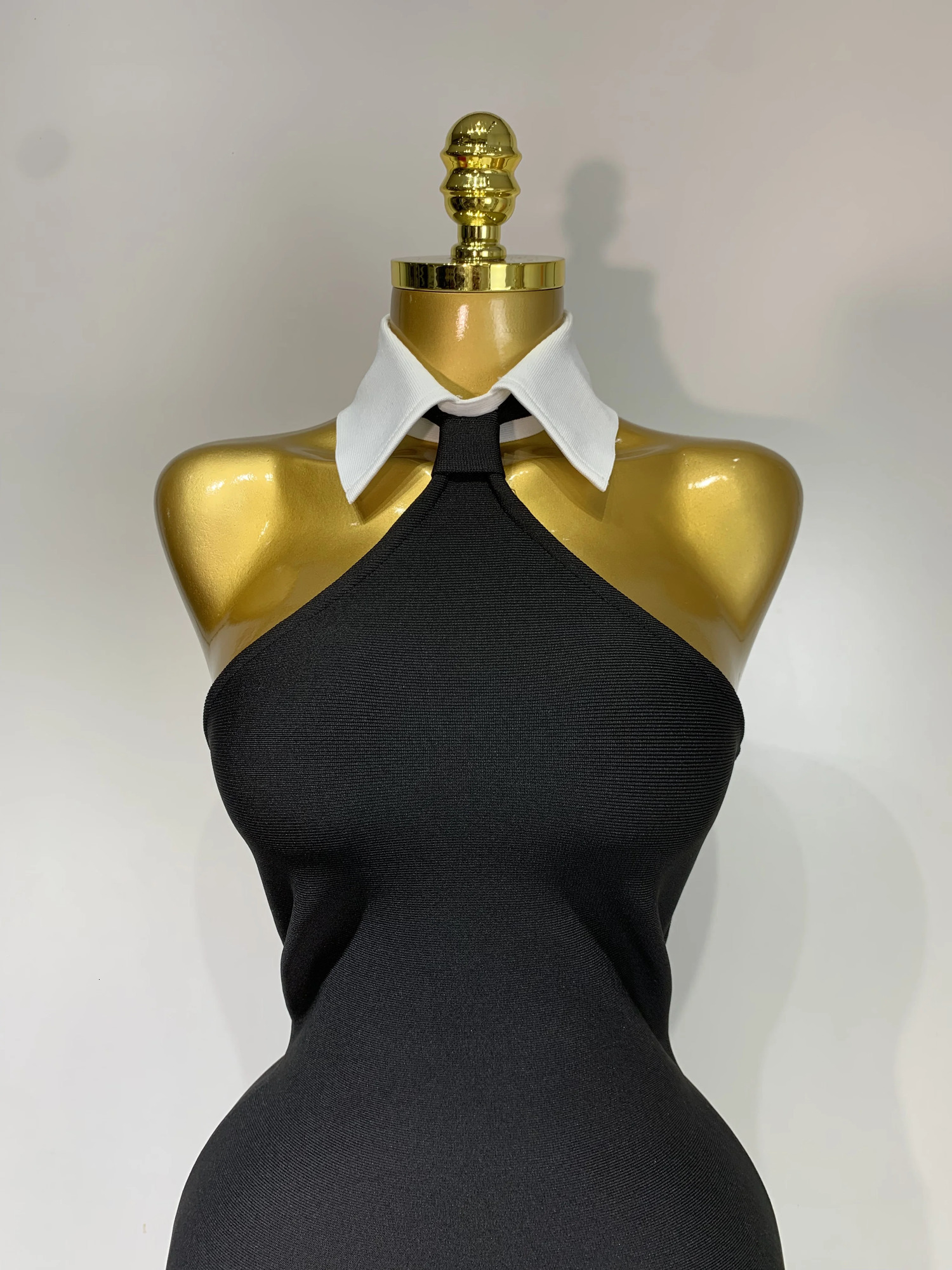 Womens sexy backless white shirt collar black mini body bandage dress elegant nightclub party luxurious birthday 250320