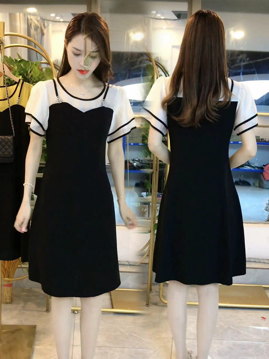 D8550 A5 Master Quality New Chiffon Fashion Fake Two-piece Dress Women's Medium-length Hip-covering Slimming Overalls Casual Skirt