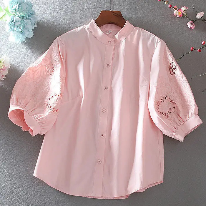 Cotton hollow embroidered womens shirt summer loose retro collar temperature lantern sleeves 250318