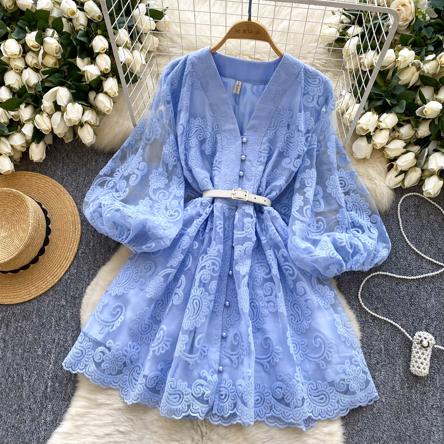 Casual Dresses French Sweet V Neck Lantern Sleeve Mini Dress Summer Women Embroidery Flower Mesh Patchwork Belt Casual Beach A-Line Party Robes 2025