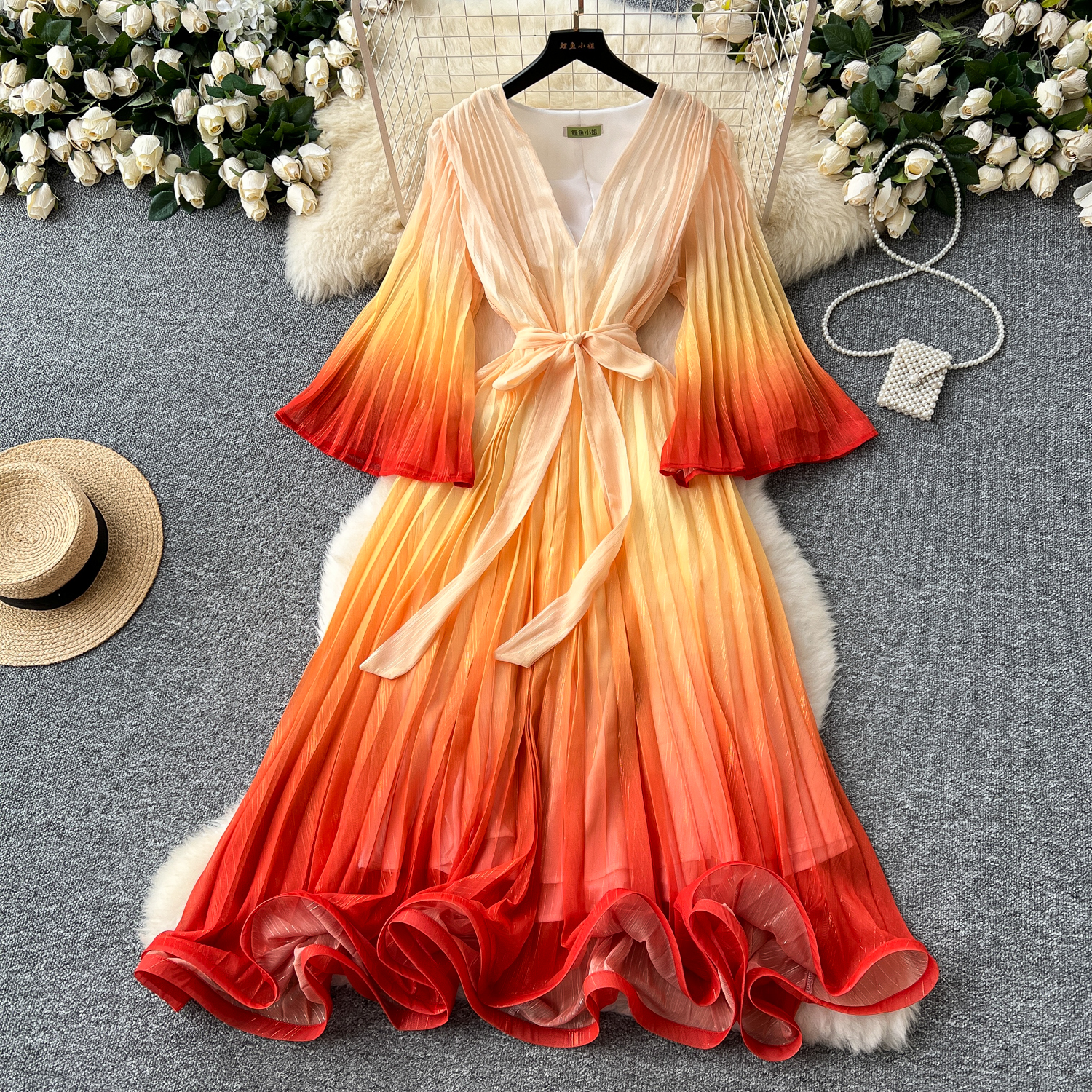 Basic Casual Dresses Summer A Line 2025 Bohemain Gorgeous Flower Bandage Lace Up Bright Silk Chiffon Dress Women Holiday V-Neck Flare Sleeve Loose Rob