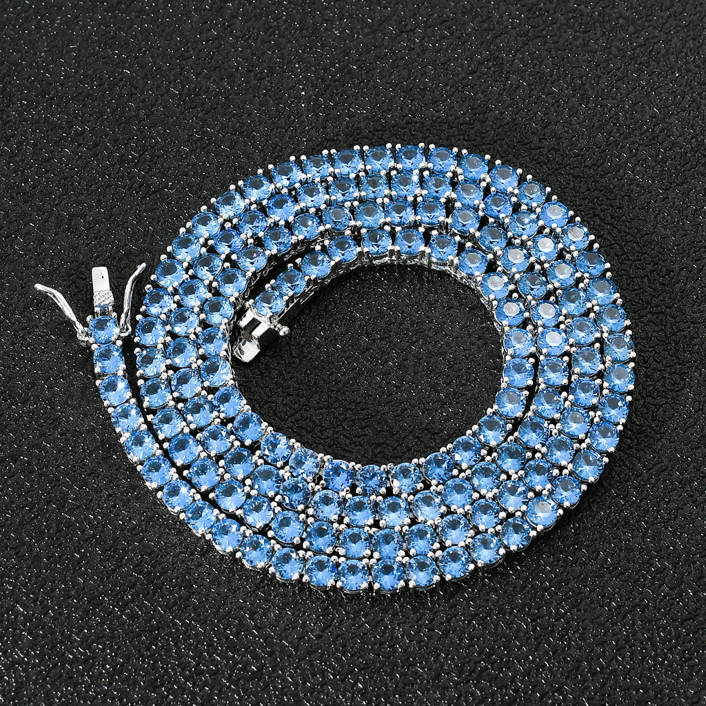 New hip hop tennis chain sea blue zircon 4mm zircon mens and womens necklace tennis chain