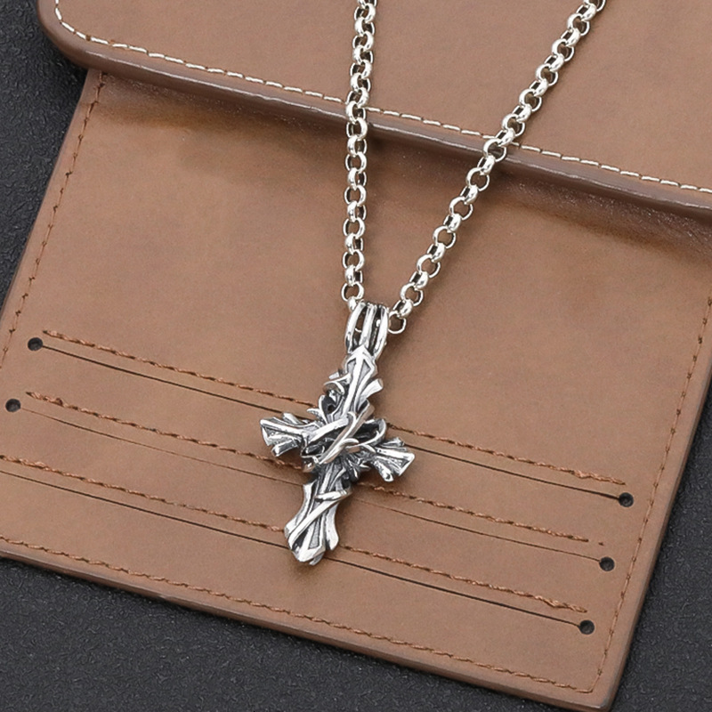 S925 Sterling Silver Vintage vine Cross Necklace Pendant mens and womens street personality trend Pendant